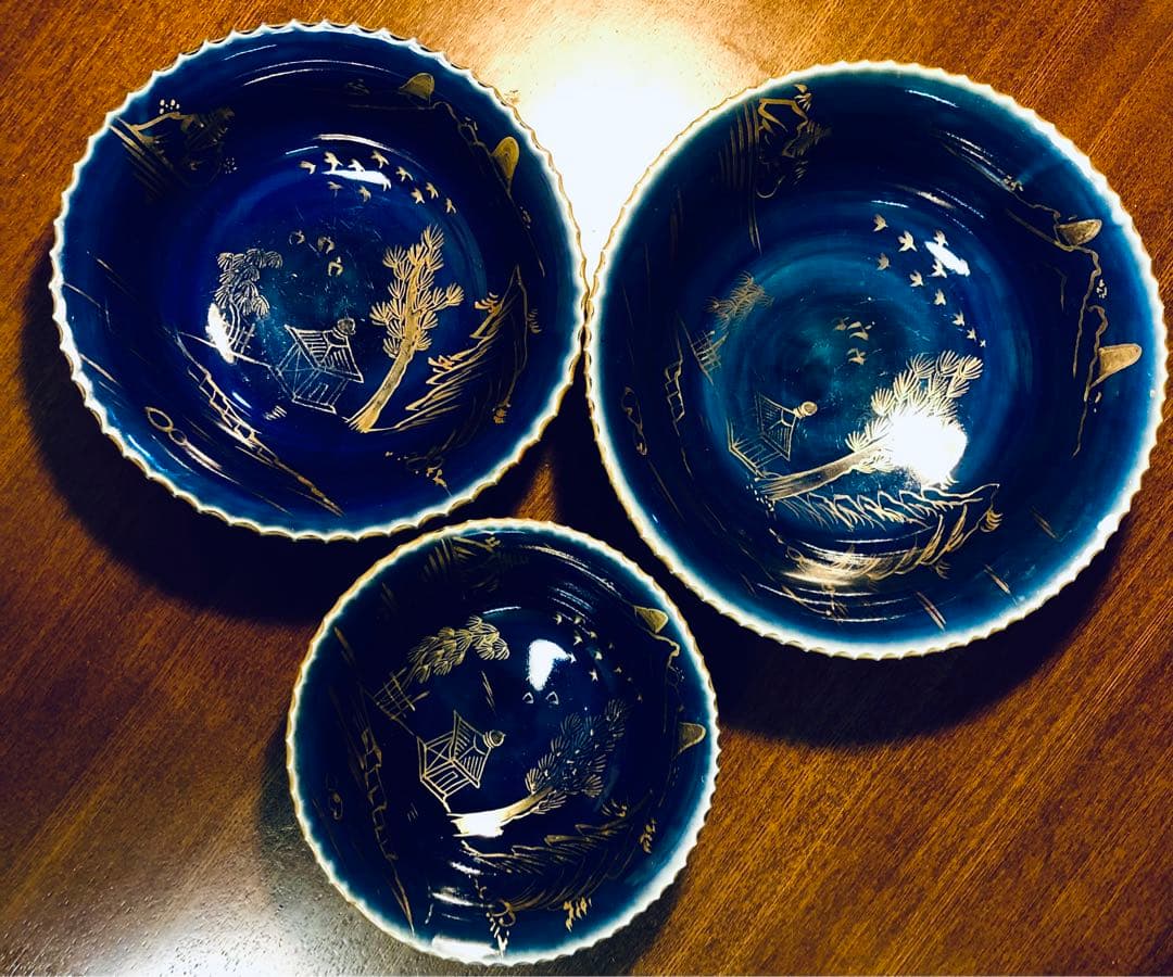 古伊万里　ルリ金彩三連鉢