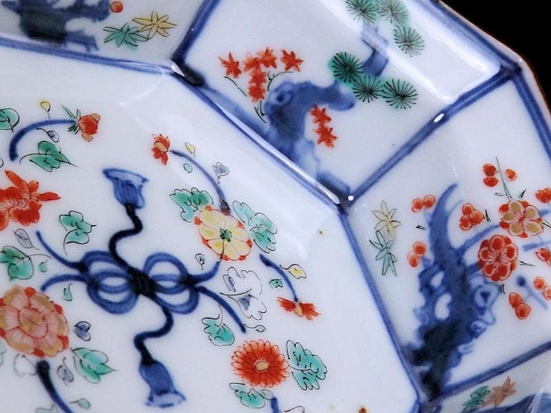 大聖寺伊万里　染錦　柿右衛門写　松竹梅の図　八角膾皿　N293AS-fbuj