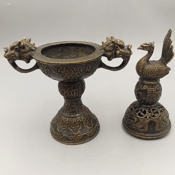 銅器 高脚双龍飛鳳薫香炉 客間茶室書斎華貴 大方得体薫香炉 装飾品 工芸品 置物