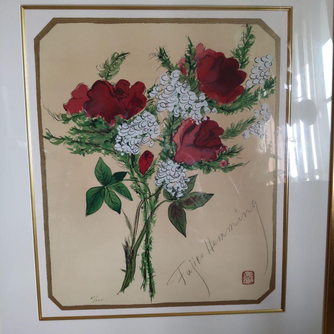 フジコ・ヘミング[赤いバラ]シルクスクリーン・サイン、シリアルナンバー入り。