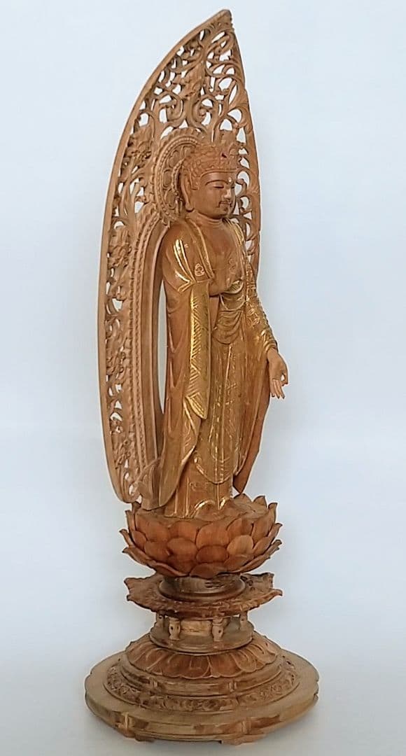 阿弥陀如来立像 4.5寸 #456 円台座 宝相華唐草 透彫り◆白檀 木彫 仏像