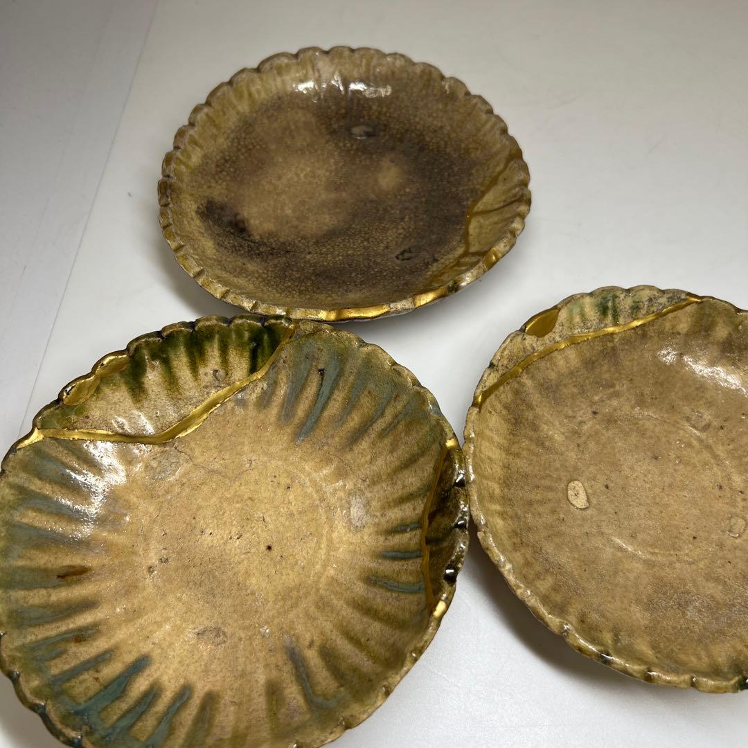 桃山時代　古織部皿3枚　幅約13㎝ 東Y7-0603①