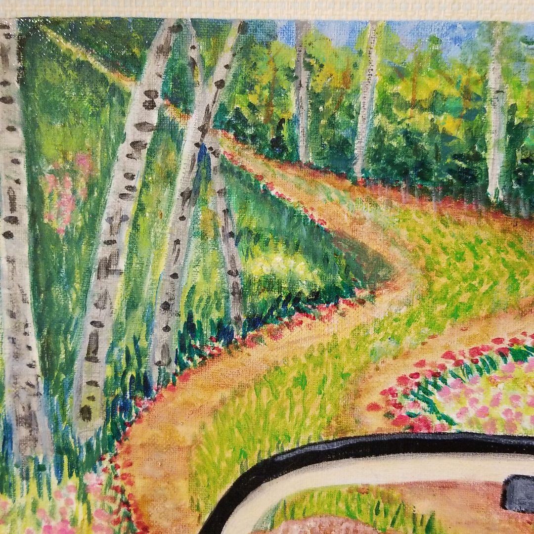 油絵 Yumiko ワーゲンに乗る犬の家族