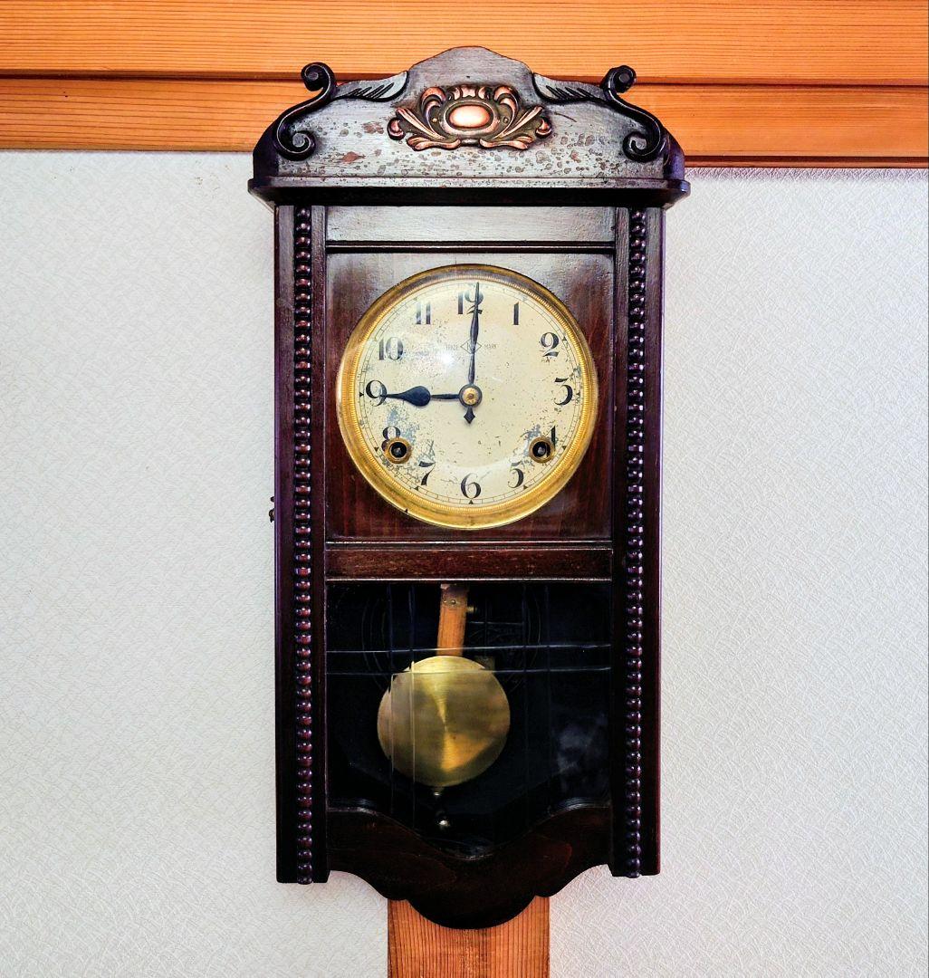 〈完動・美品〉今津菊次郎時計菱KI印　変り装飾ゼンマイ振り子時計