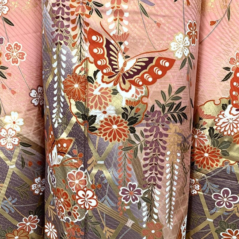 409aj78〇振袖＆袋帯 金彩 雪輪文 蝶々 成人式 結婚式 十三参り〇美品