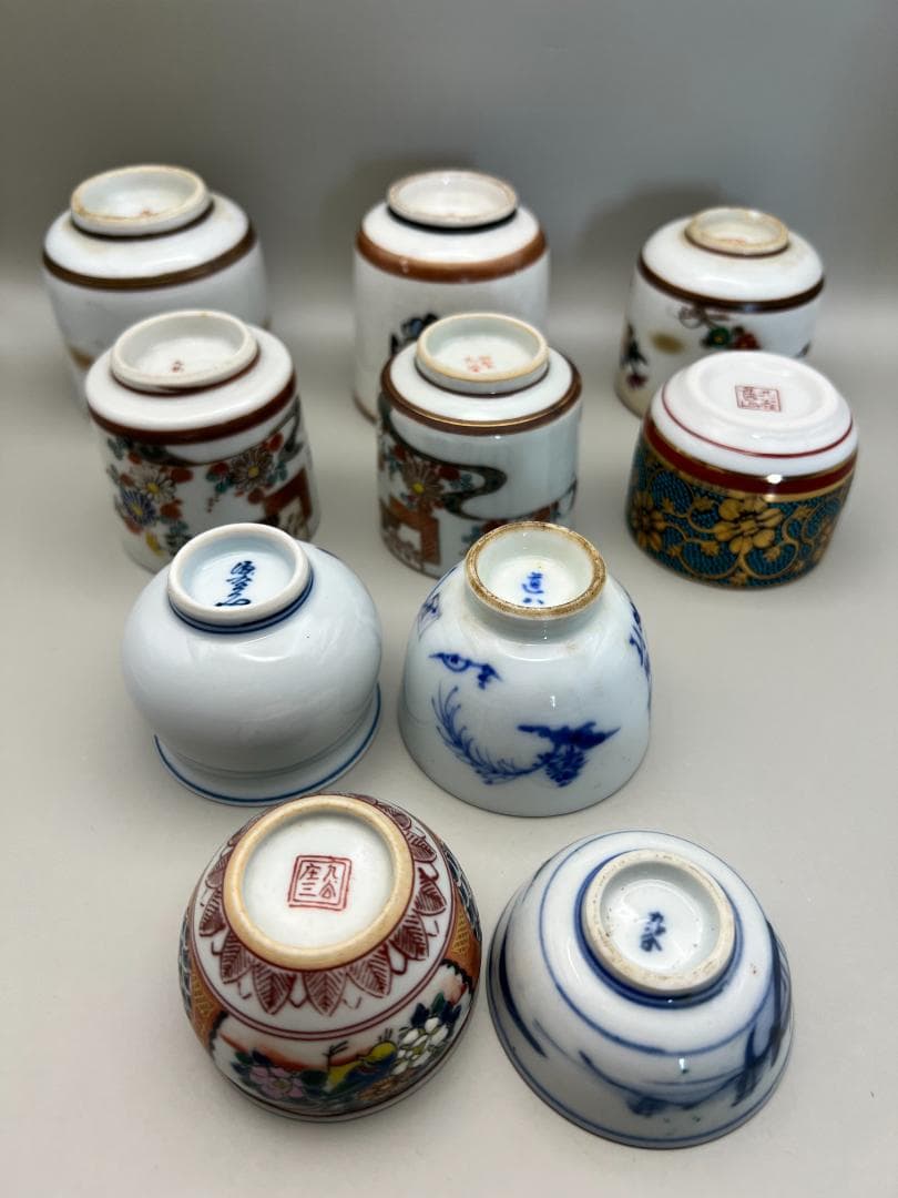 【海】九谷焼 各種茶杯　酒杯　１０客　高級金彩色絵　古染付　金襴手 煎茶道具