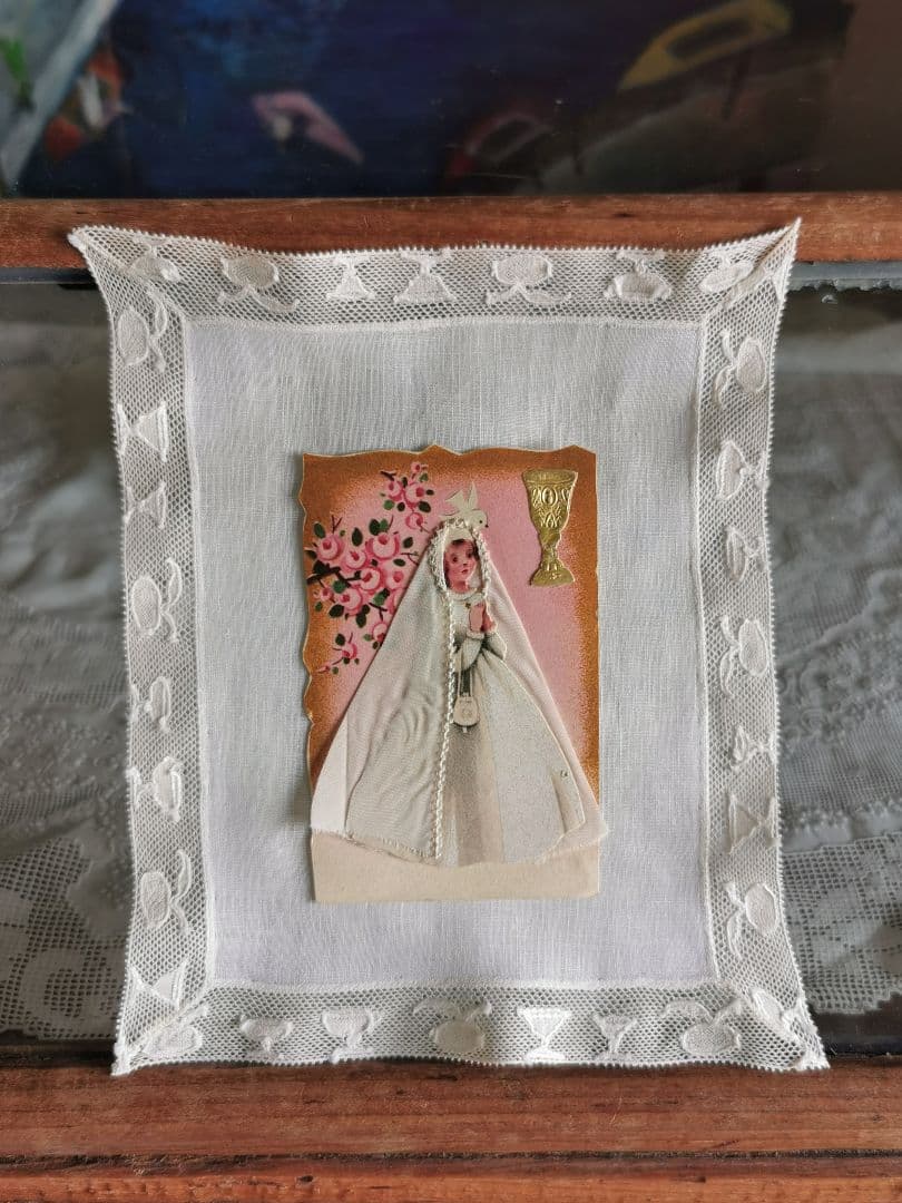 アンティーク ワイングラスモチーフ刺繍レース ＆初聖体式の少女の立体カードセット