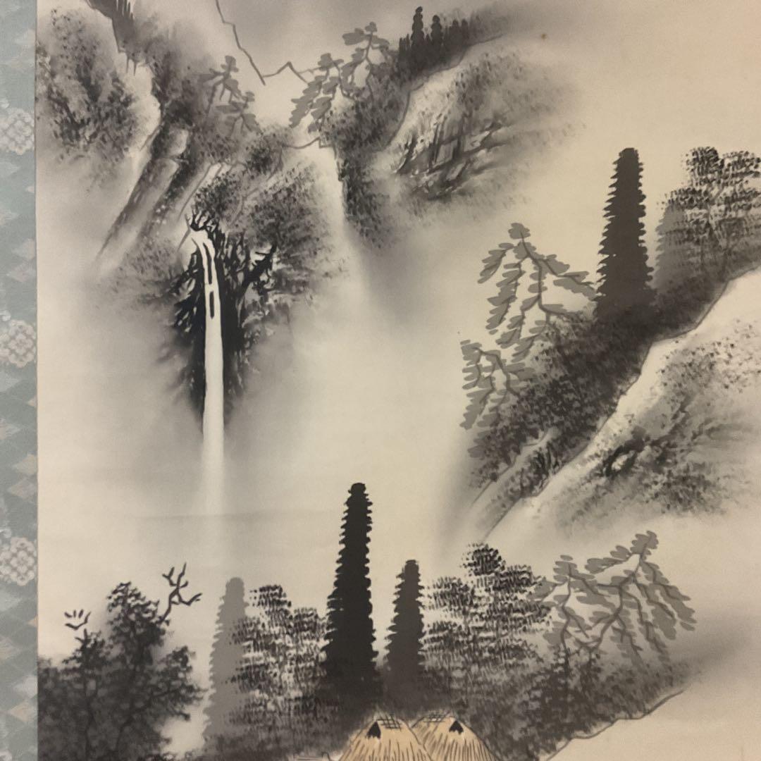 水墨山水画 絹本掛け軸 一堂筆【落款印譜在】 軸先木軸