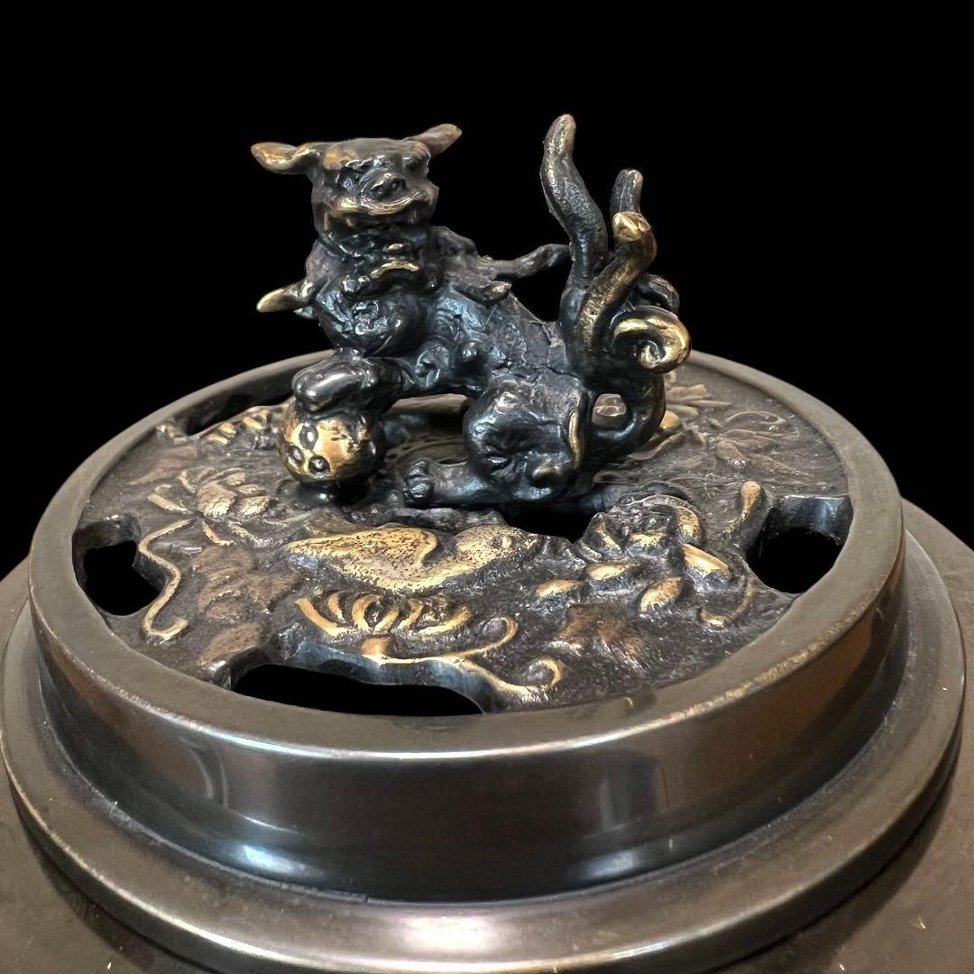 《希少未使用》高岡銅器 能作 吉秀作 銅製 獅子摘龍鳳凰図金銀象嵌三つ足香炉 鸛