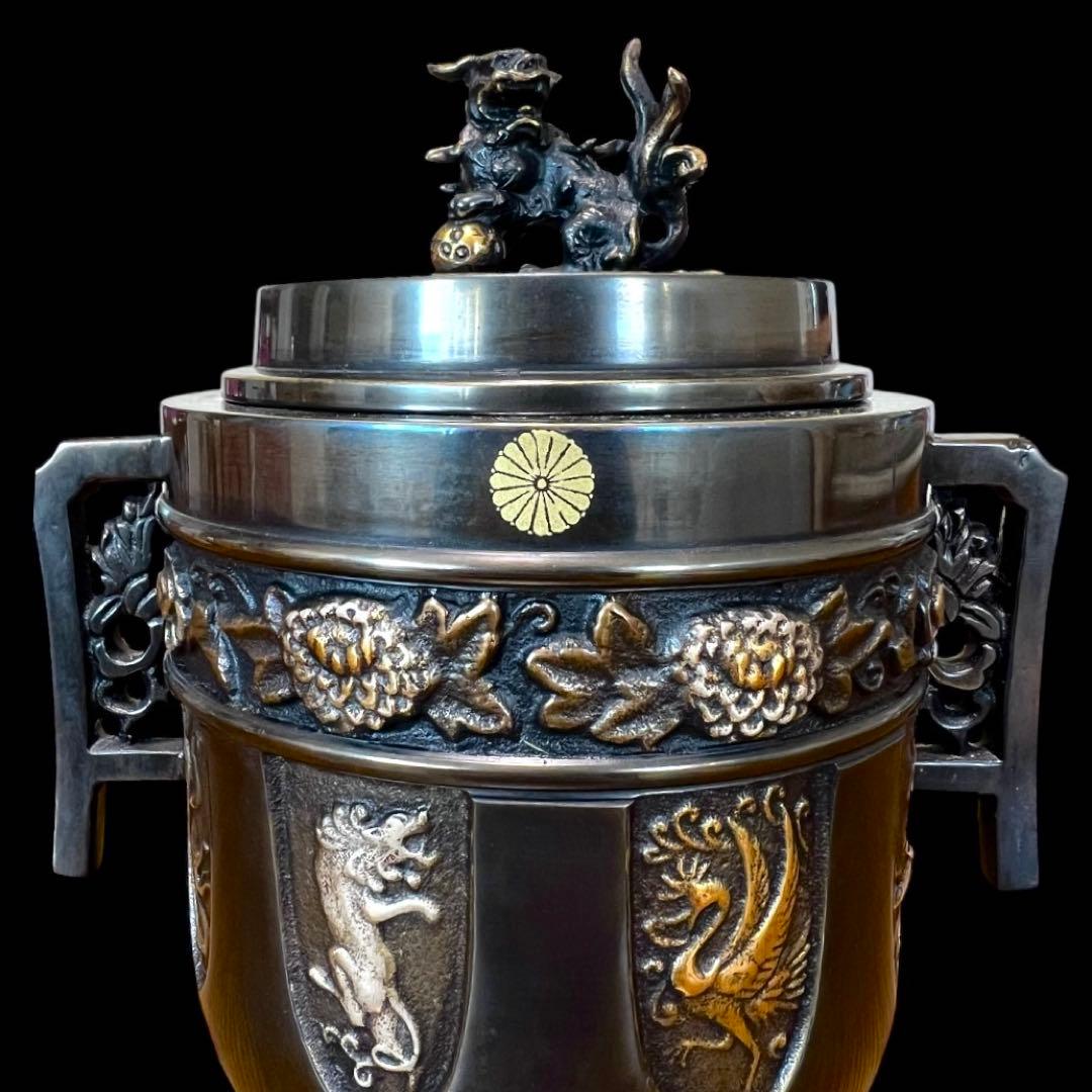 《希少未使用》高岡銅器 能作 吉秀作 銅製 獅子摘龍鳳凰図金銀象嵌三つ足香炉 鸛