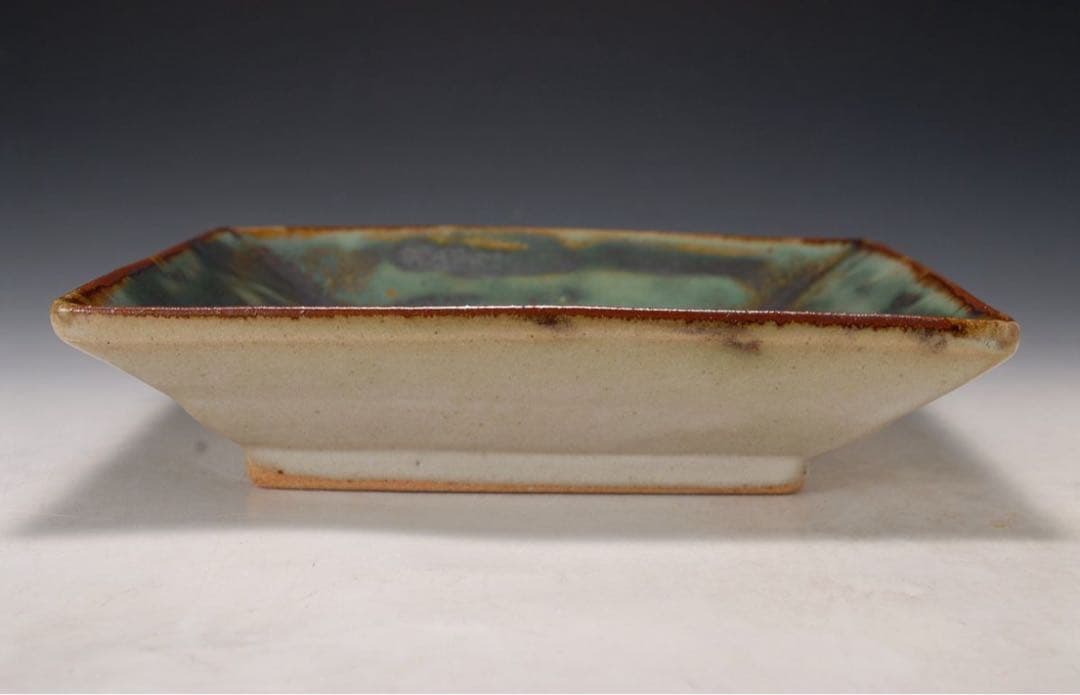 作家物 緑釉鉄絵角皿 検）島岡達三 陶器 陶芸 皿 角皿 民藝 民芸 骨董 壺