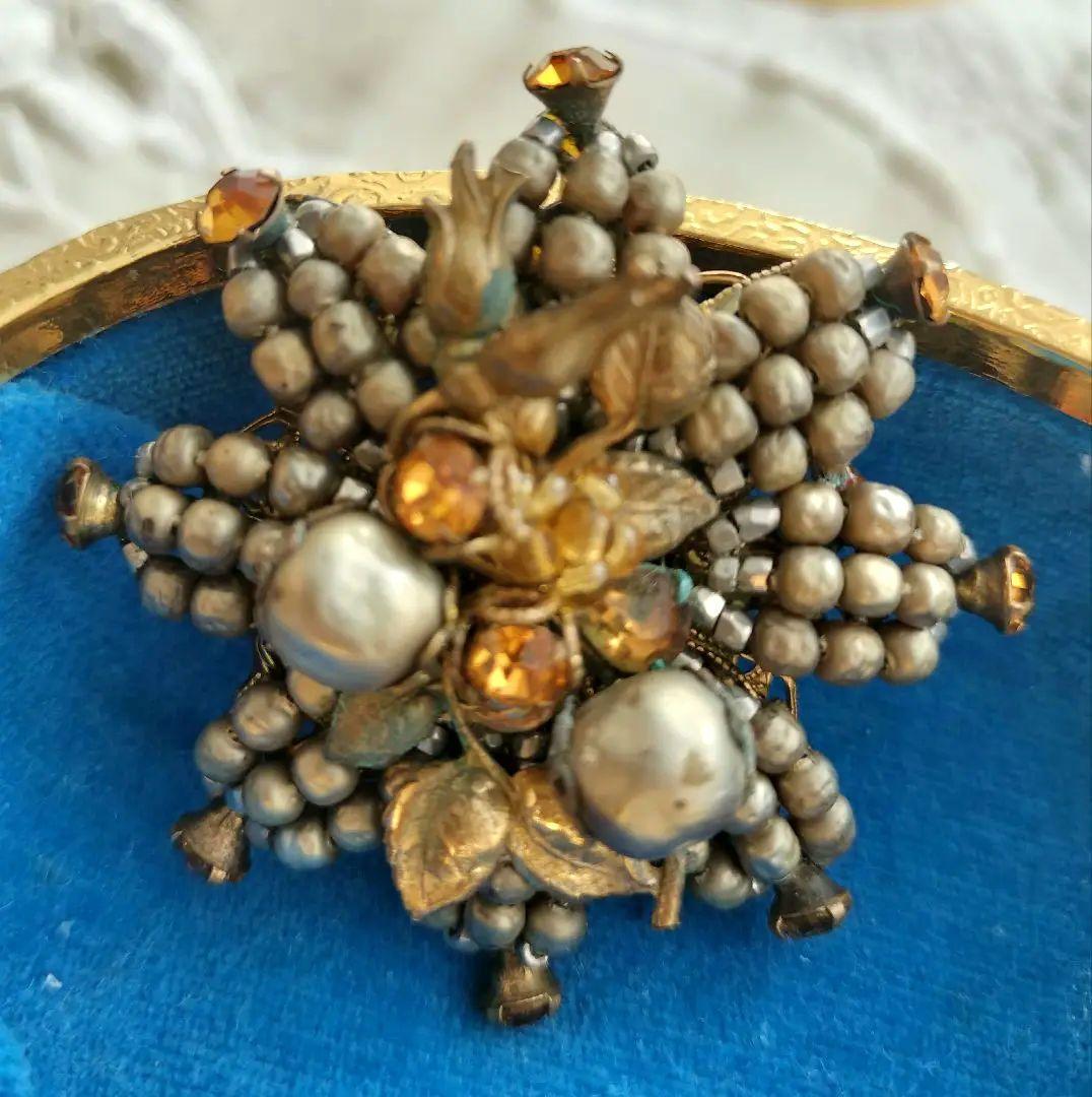 De Marioゴールドパール アンバー色ラインストーン 薔薇の蕾ブローチ 希少