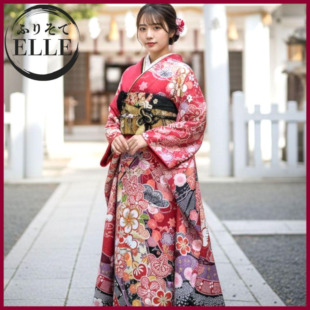 振袖フルセット(7点)・成人式・古典柄・金駒刺繍・金彩加工・鹿の子柄・正絹