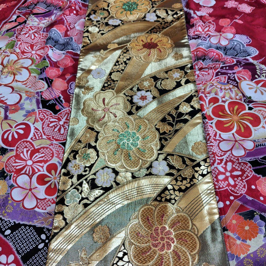 振袖フルセット(7点)・成人式・古典柄・金駒刺繍・金彩加工・鹿の子柄・正絹