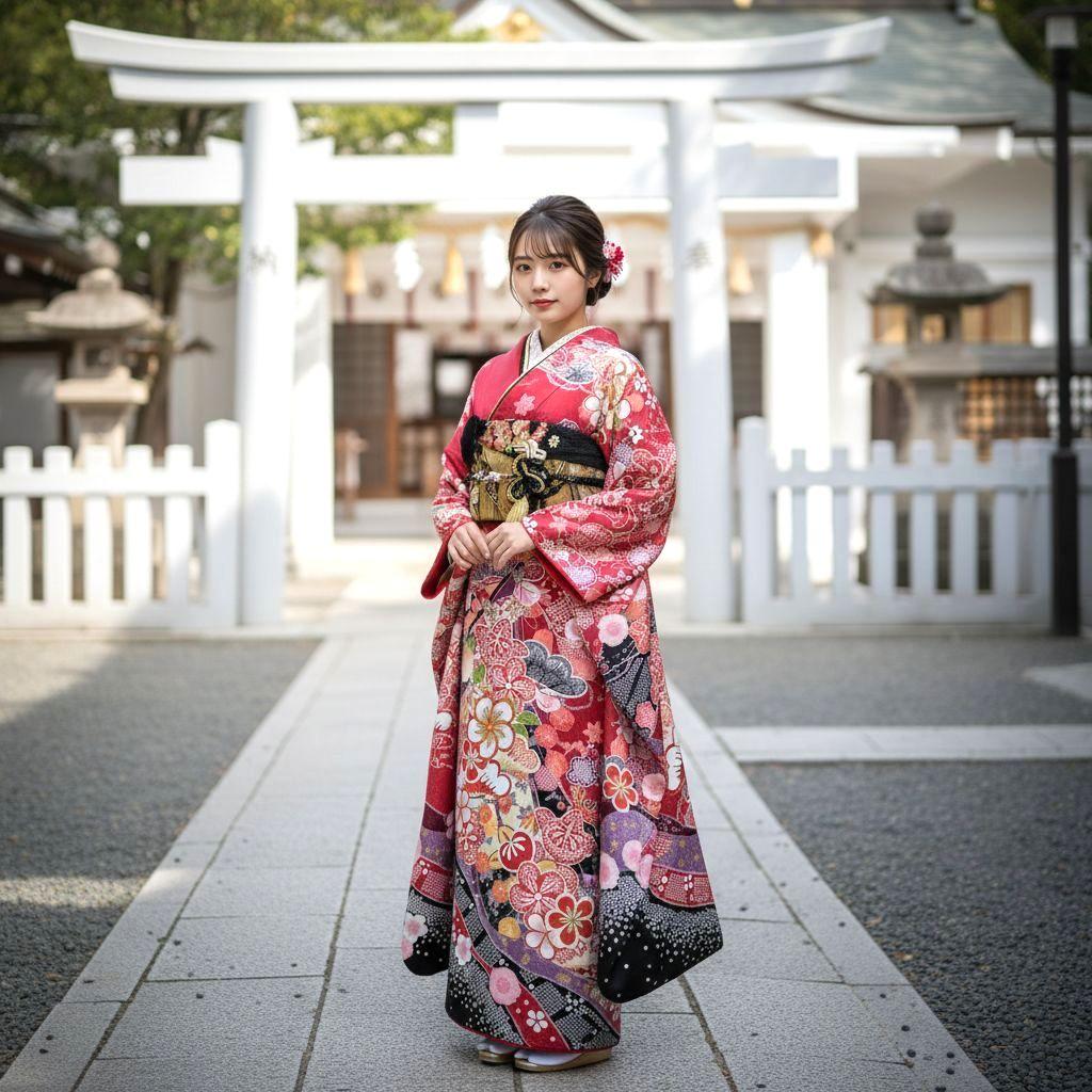振袖フルセット(7点)・成人式・古典柄・金駒刺繍・金彩加工・鹿の子柄・正絹