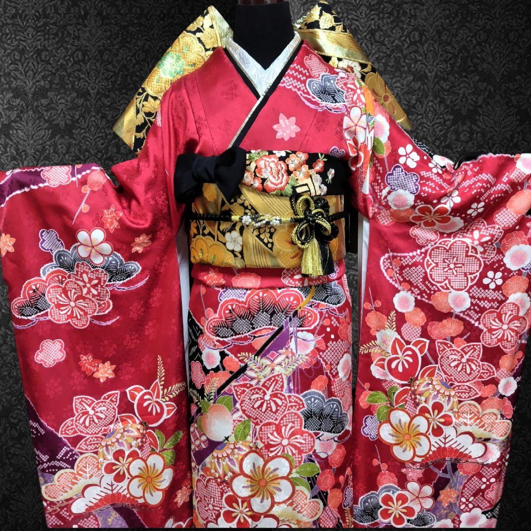 振袖フルセット(7点)・成人式・古典柄・金駒刺繍・金彩加工・鹿の子柄・正絹