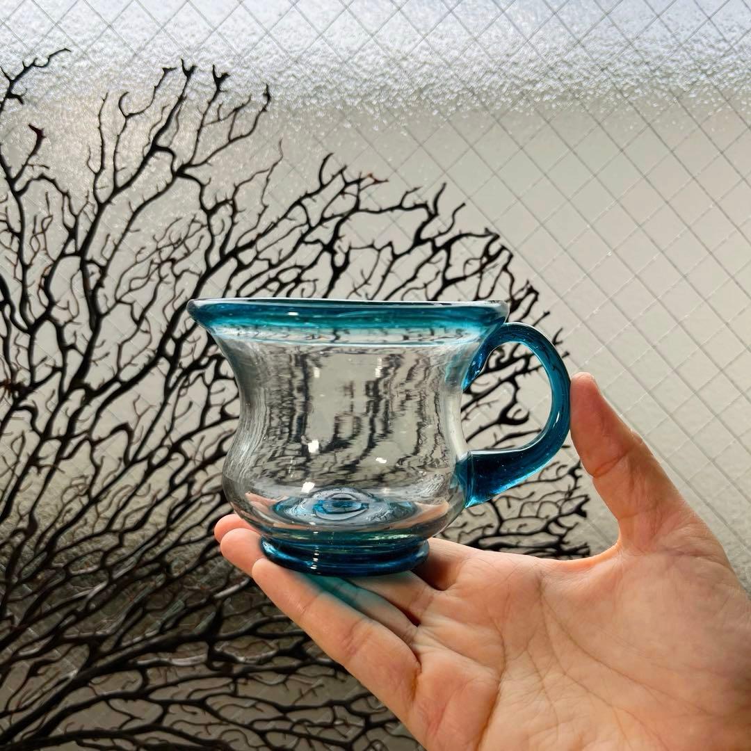 骨董　時代ガラス　希少青緑色フチ　取手付き　アイスクリームグラス　氷コップ