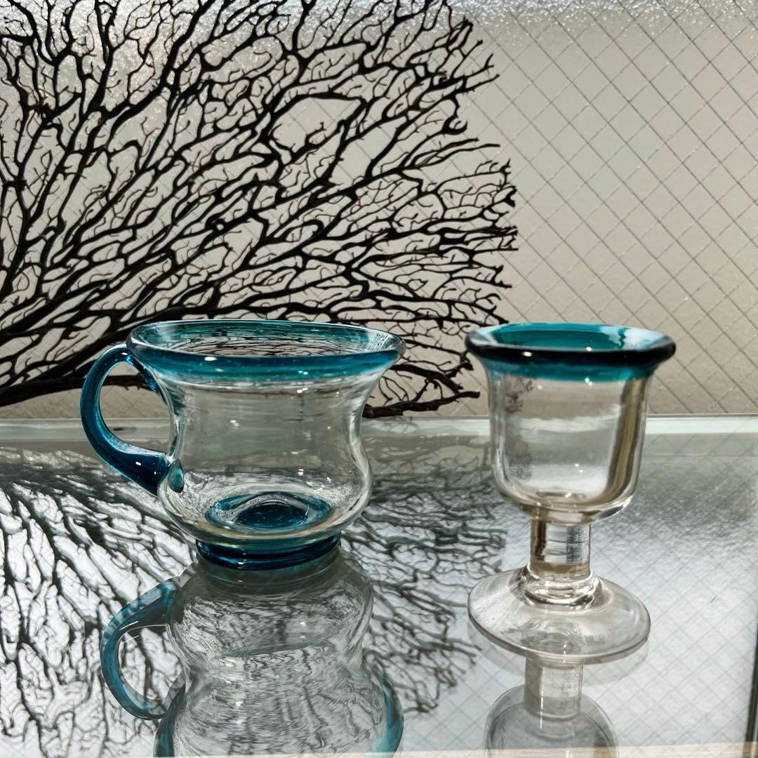 骨董　時代ガラス　希少青緑色フチ　取手付き　アイスクリームグラス　氷コップ