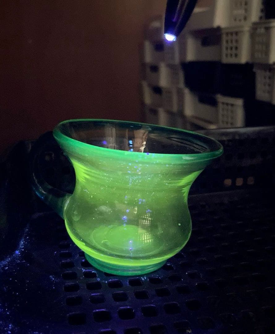 骨董　時代ガラス　希少青緑色フチ　取手付き　アイスクリームグラス　氷コップ