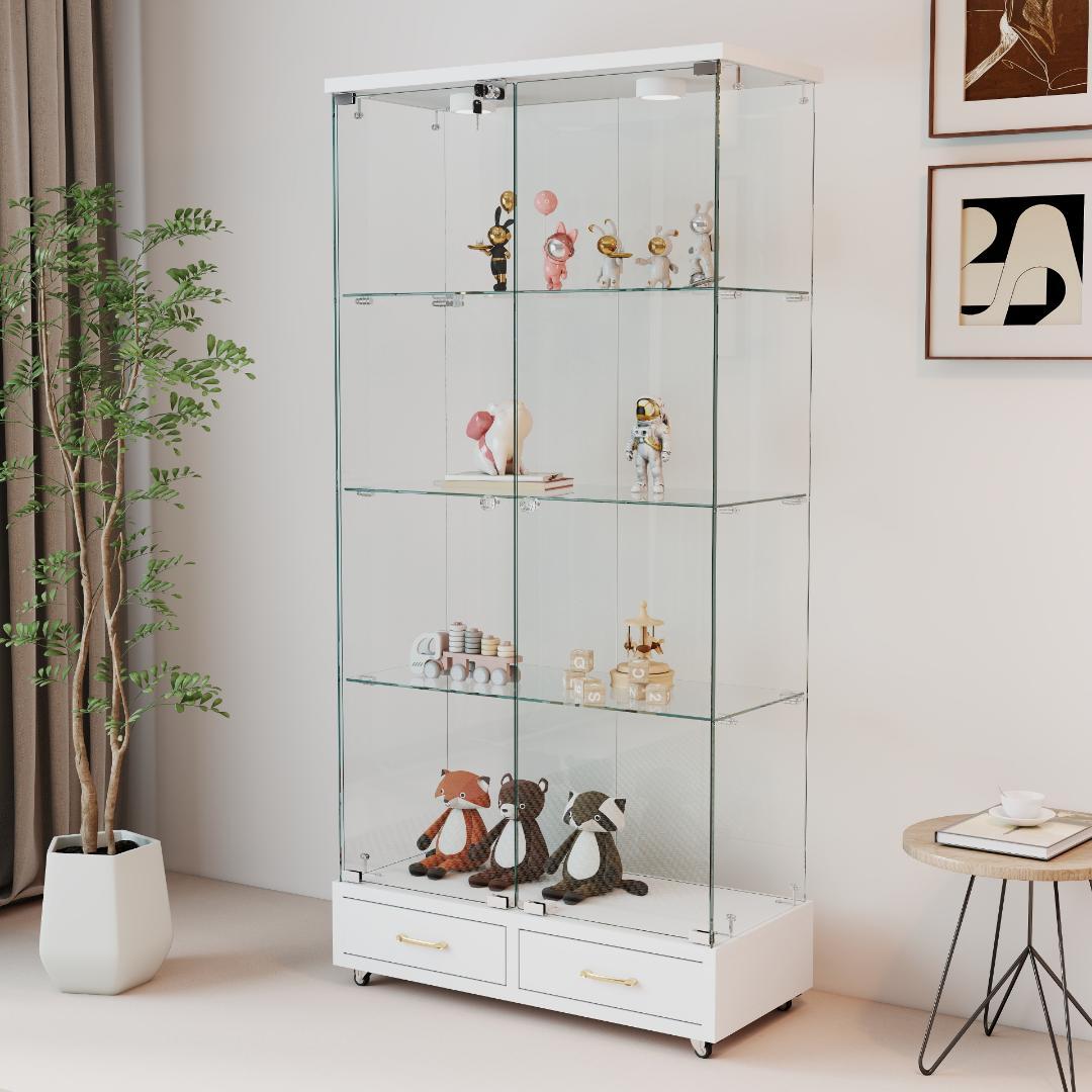 ホワイト LED照明・引出し付 ガラス収納キャビネット4段 両開ドア