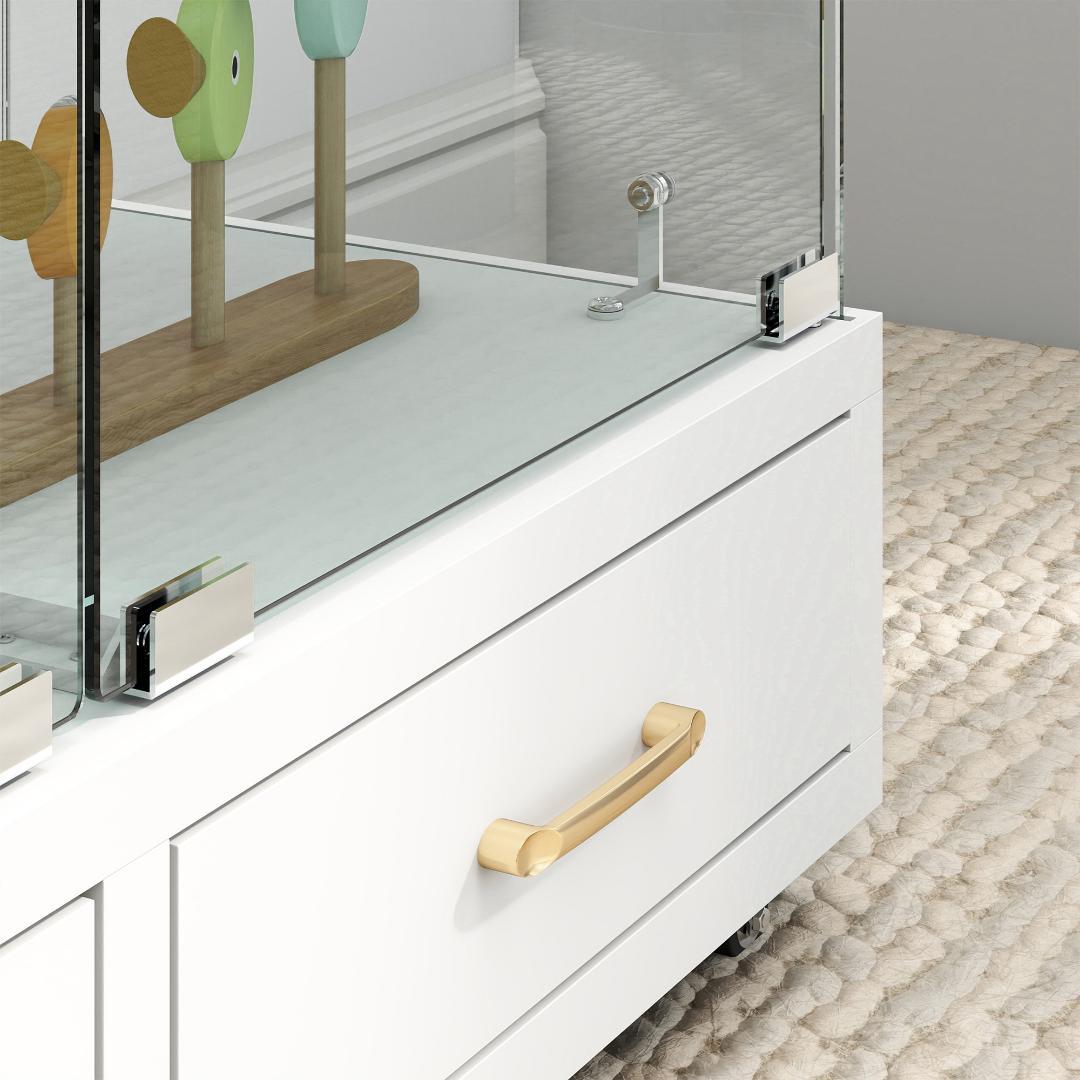 ホワイト LED照明・引出し付 ガラス収納キャビネット4段 両開ドア