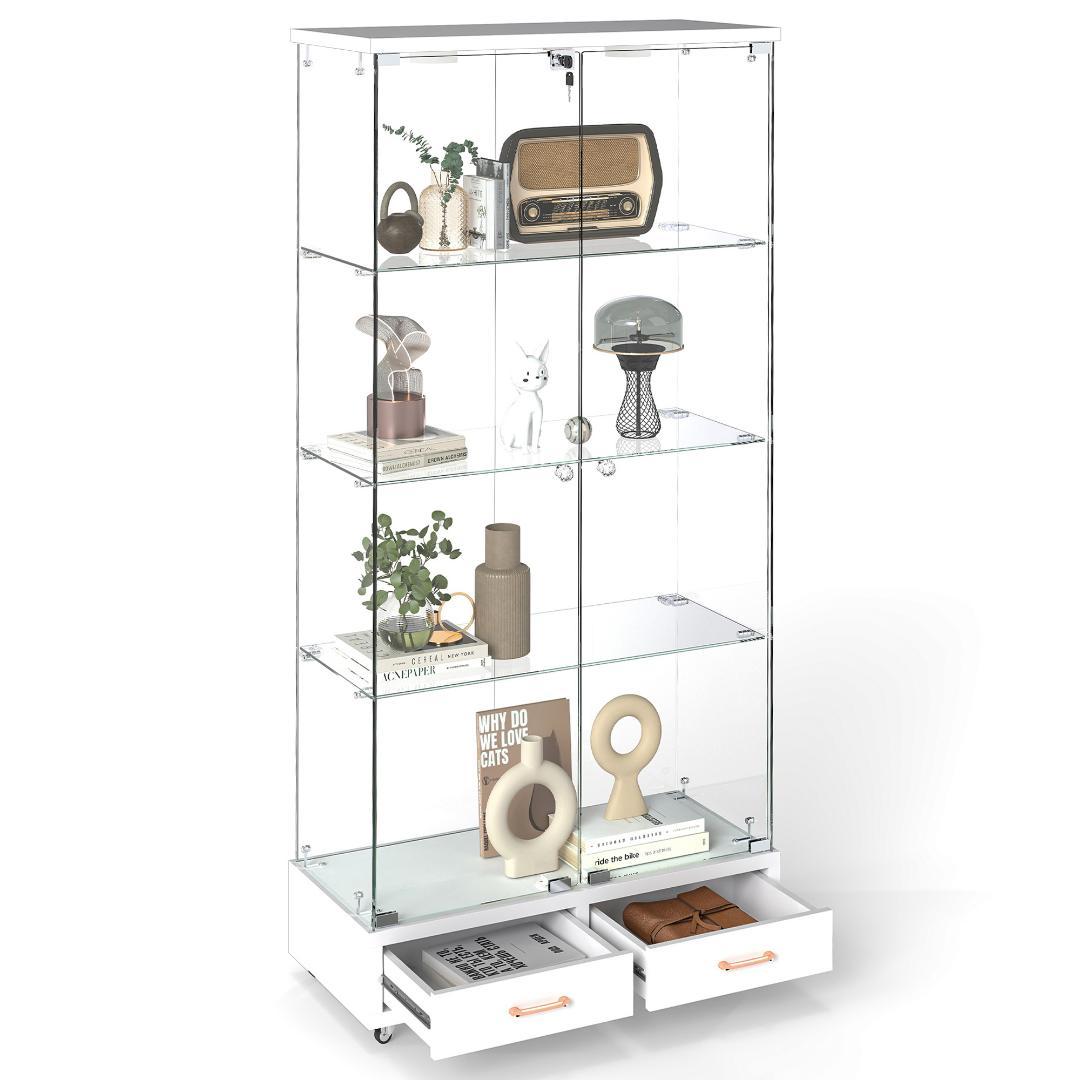 ホワイト LED照明・引出し付 ガラス収納キャビネット4段 両開ドア