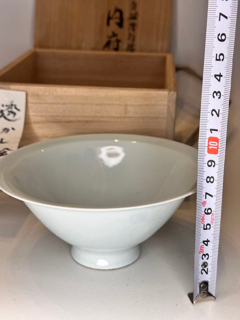 白瓷 暗刻透文 茶盏　春画図　「内府」文字　浮世絵 透かし絵　共箱付　中国古美術