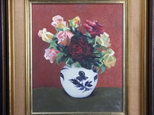 山本彪一　直筆サイン　日動画廊シール『ばら』油彩 1964年 0801G