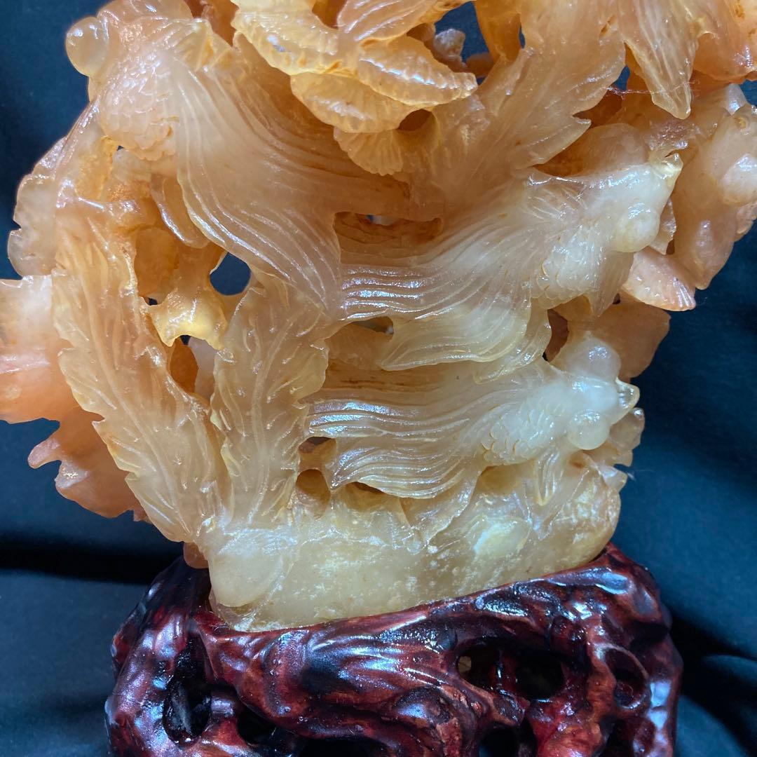 《中国美術》天然石 彫刻 金魚 水草 置物