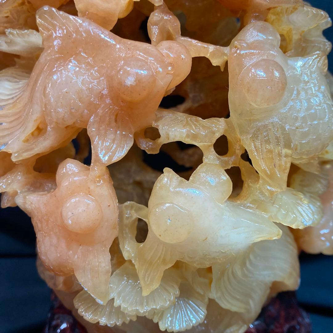 《中国美術》天然石 彫刻 金魚 水草 置物