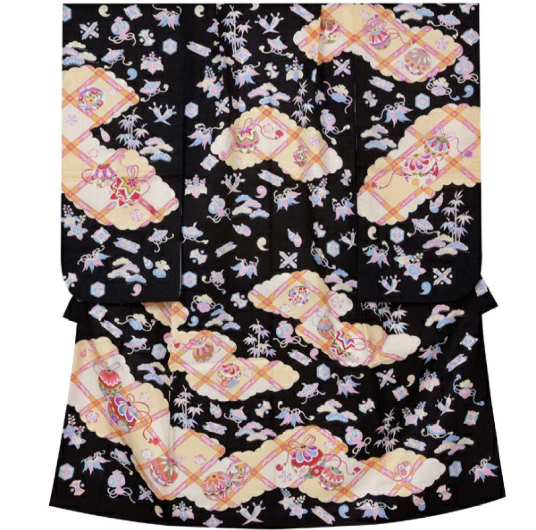 正絹　七五三　着物　長襦袢セット　黒　手毬　宝尽し