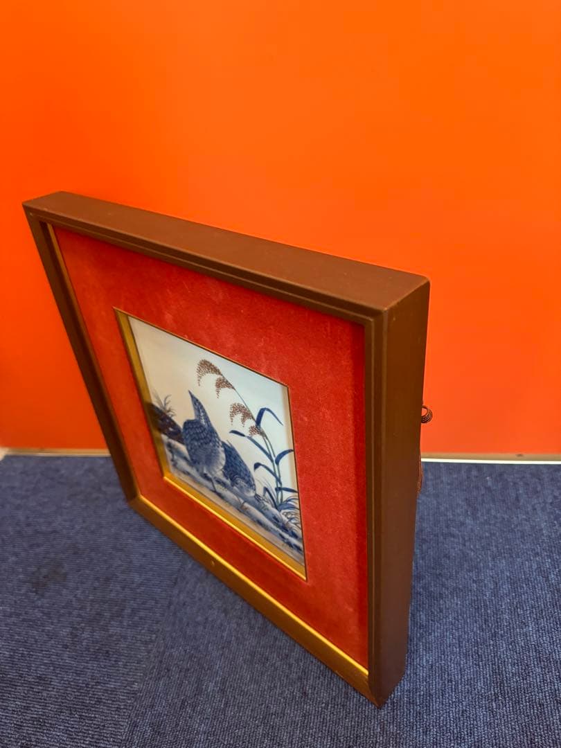 1916 源右衛門 染付 陶板画 額装 粟と鶉絵　額縁  置物　工芸品