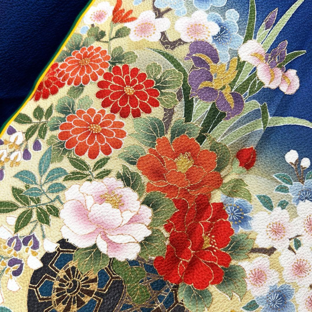 439 振袖フルセット 正絹 顔 紺 ブルー 金彩 暈し染め シンプル 花車文