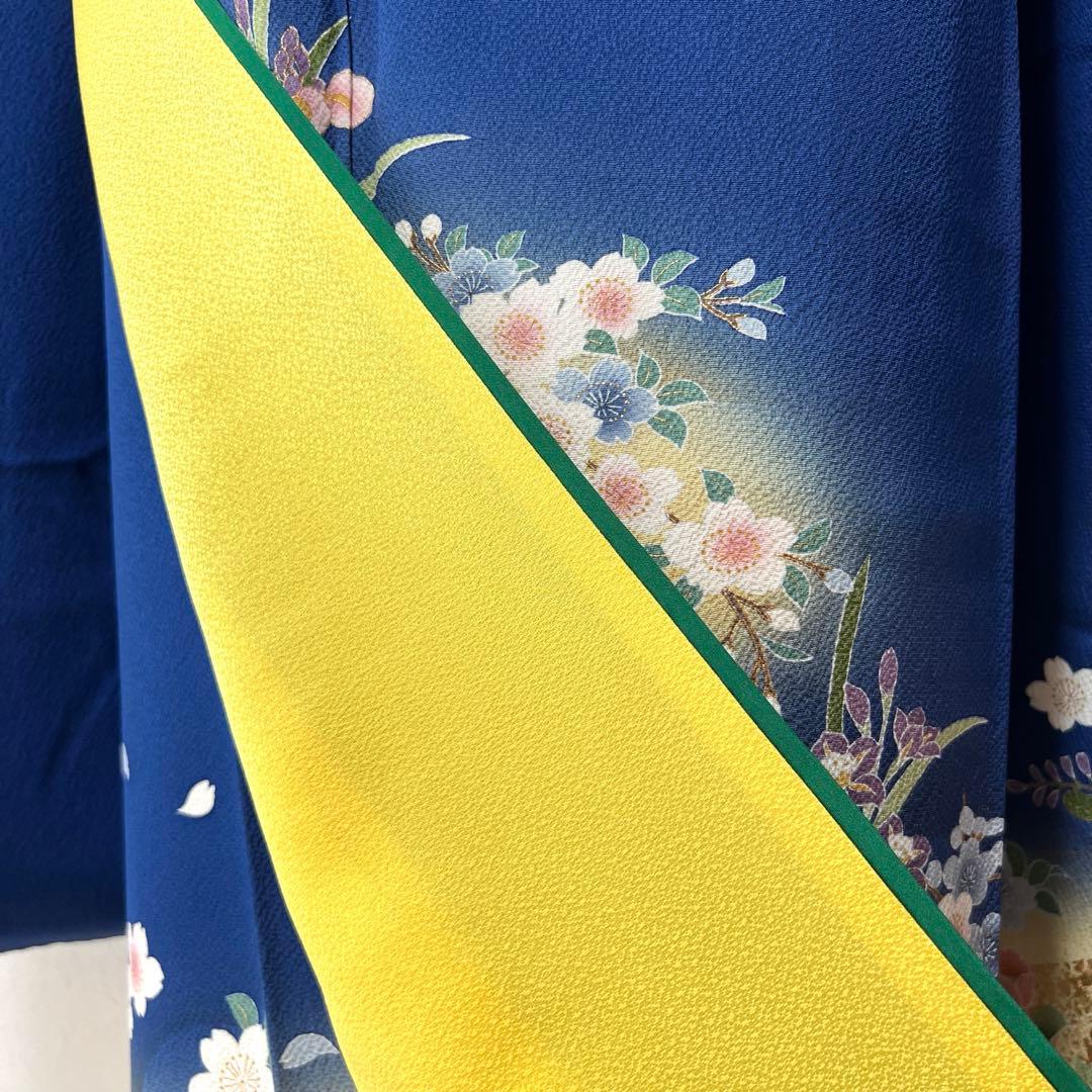 439 振袖フルセット 正絹 顔 紺 ブルー 金彩 暈し染め シンプル 花車文