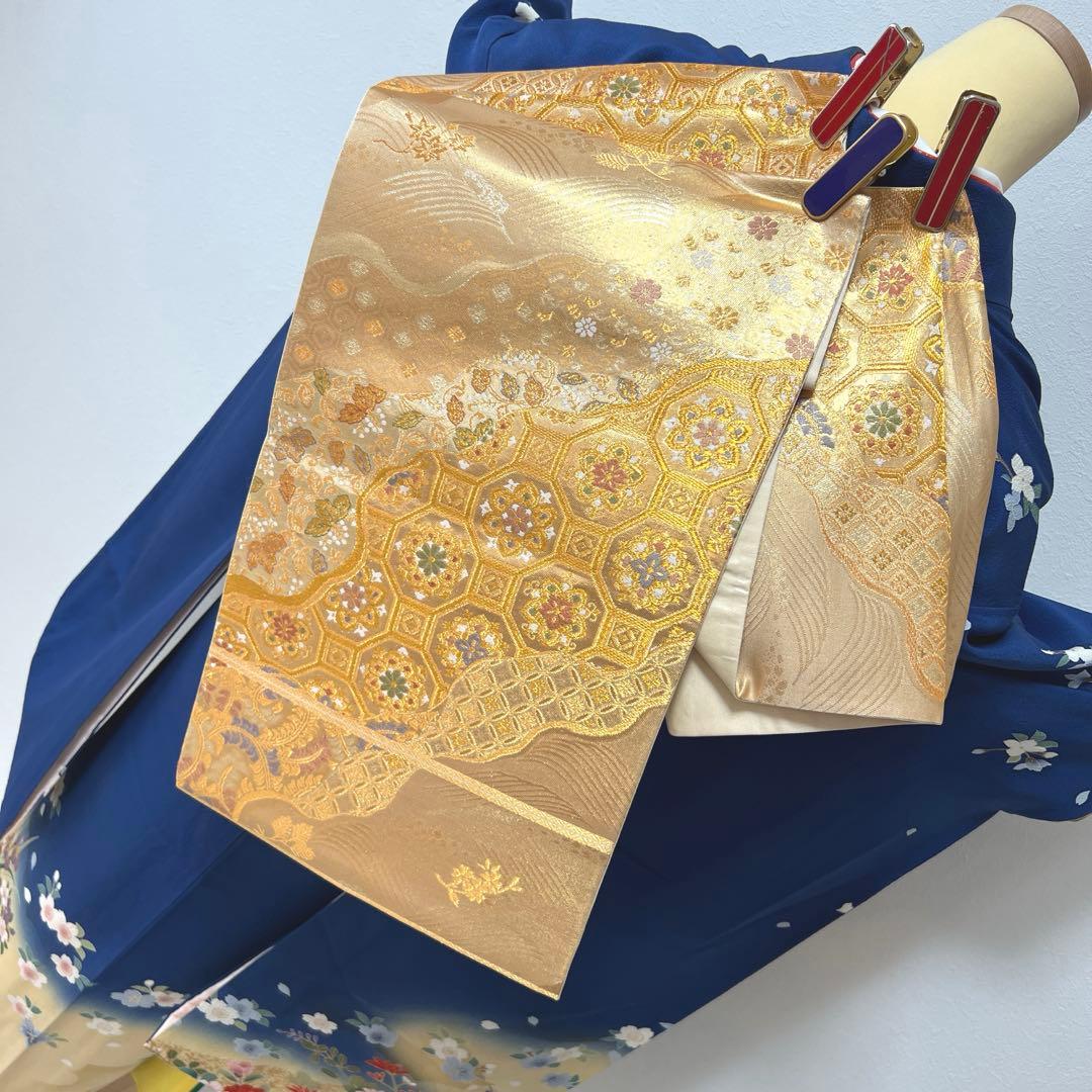 439 振袖フルセット 正絹 顔 紺 ブルー 金彩 暈し染め シンプル 花車文