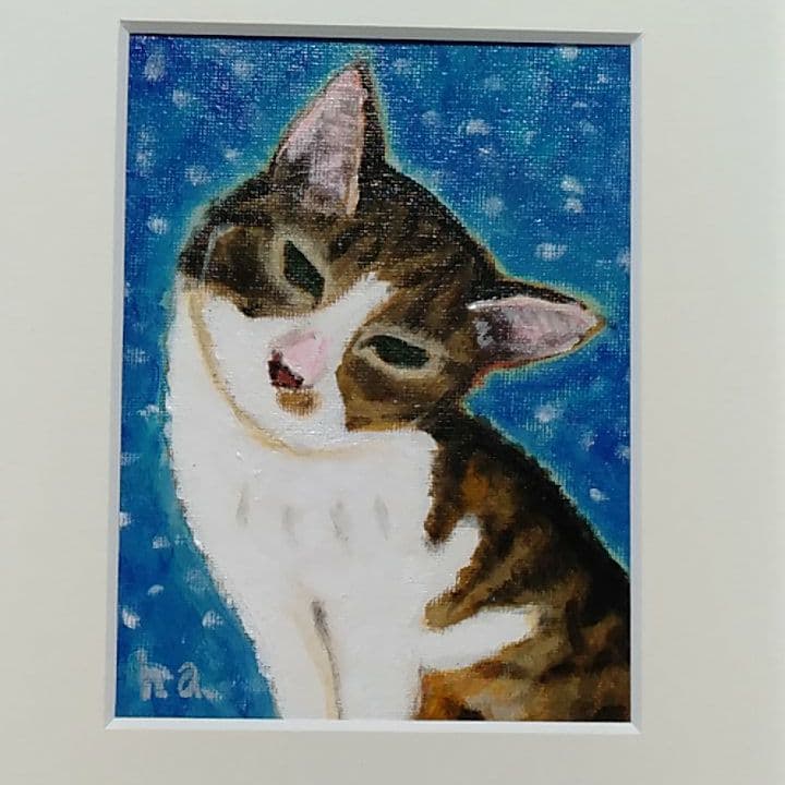 雪の夜　猫　原画　手描き　イラスト