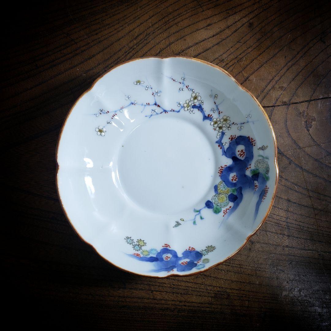 八花弁皿　染付　色絵付　取り皿　なます皿　岩　梅　菊　銘　明治　ハ号