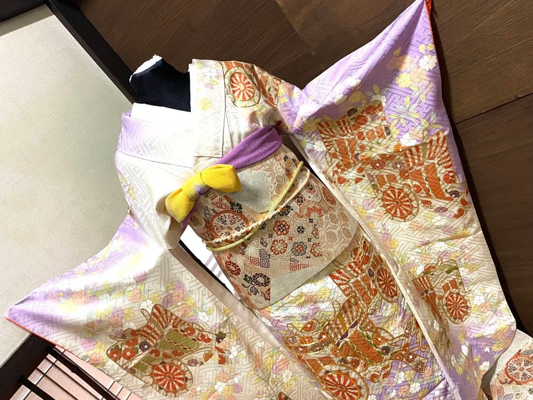 振袖フルセット6点サイズM〜Ｌ駒刺繍　御所車花文　暈し染め　金彩　正絹