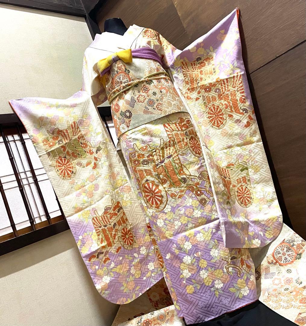 振袖フルセット6点サイズM〜Ｌ駒刺繍　御所車花文　暈し染め　金彩　正絹