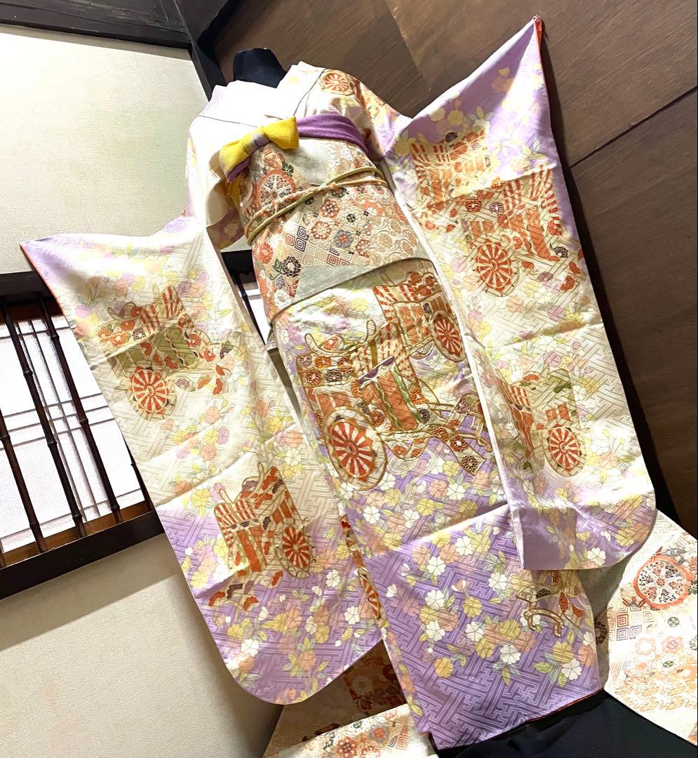 振袖フルセット6点サイズM〜Ｌ駒刺繍　御所車花文　暈し染め　金彩　正絹