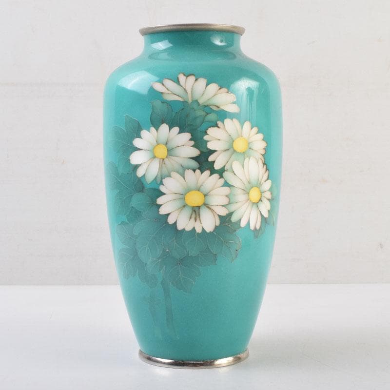 七宝焼　青釉　花文　花瓶　V　8999