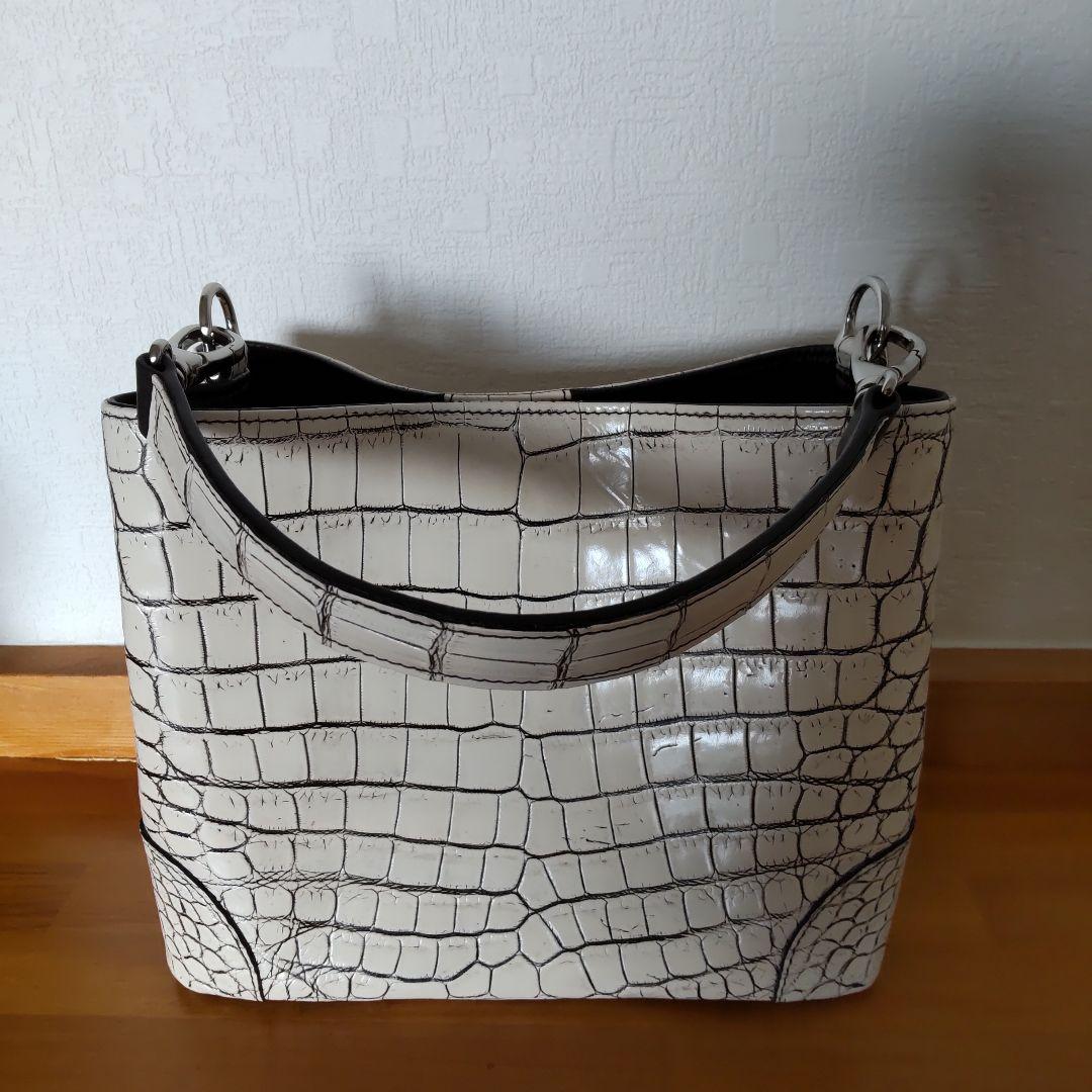 日本製・本革 クロコダイル・2way・ハンドバッグ・バニラ・目地染