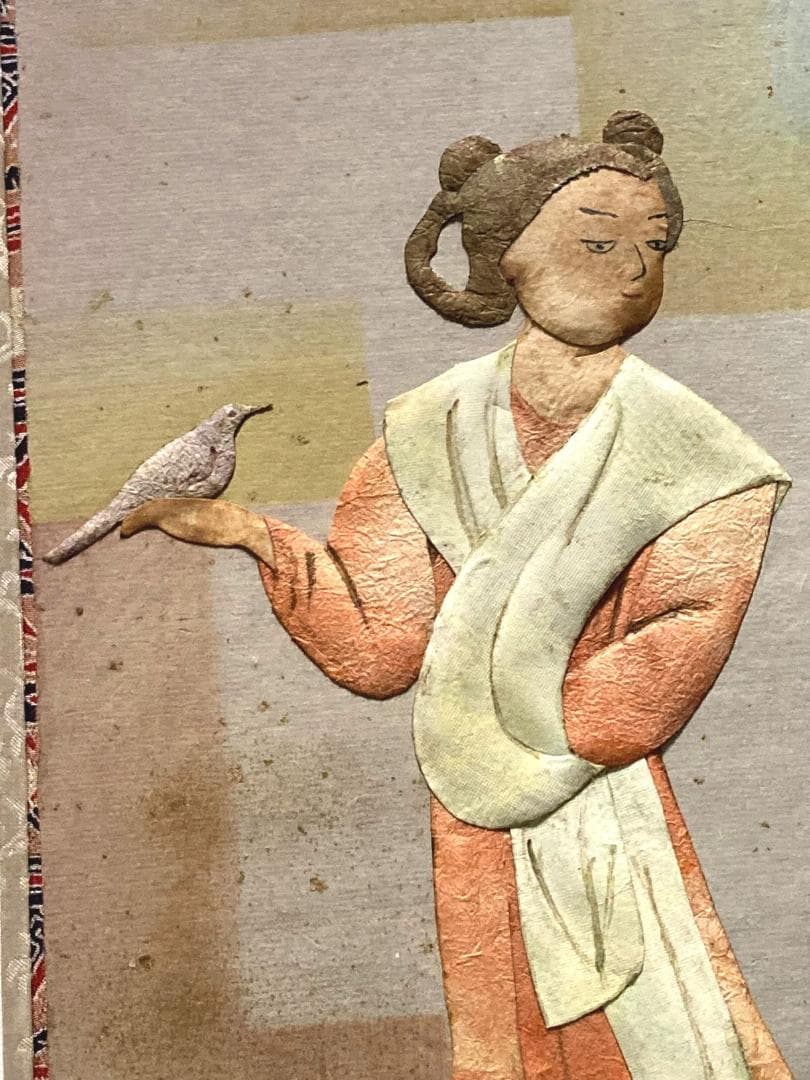 昔は有名な荒川夏子　古典絵　古代壁画女人像　1982年貼り絵細工　絵画　金粉加工