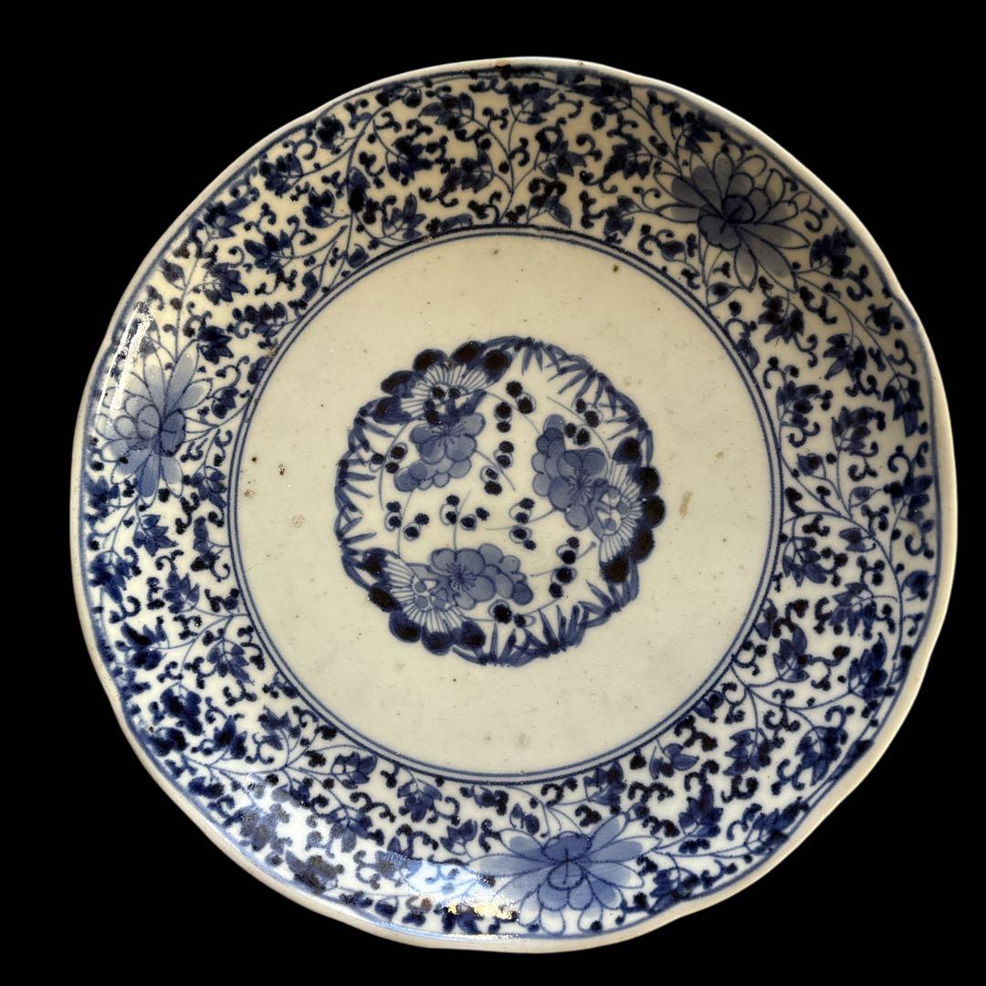 伊万里 有田 染付 印判 大皿 花唐草 見返し唐草 見込花丸 牡丹菊 二重圏線