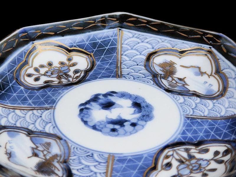 古伊万里　青海波に墨弾籠目紋　楼閣山水に花の図　八角皿２枚F205AS-fbud