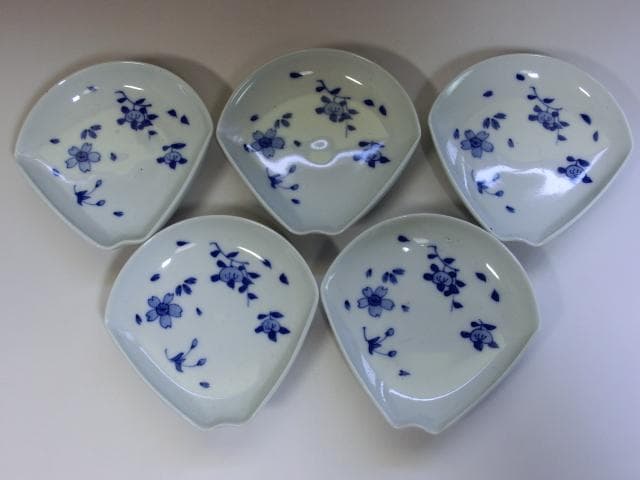 小皿■増田特製 染付桜紋 花絵 扇型貝型皿 5枚 古美術 時代物 骨董品■