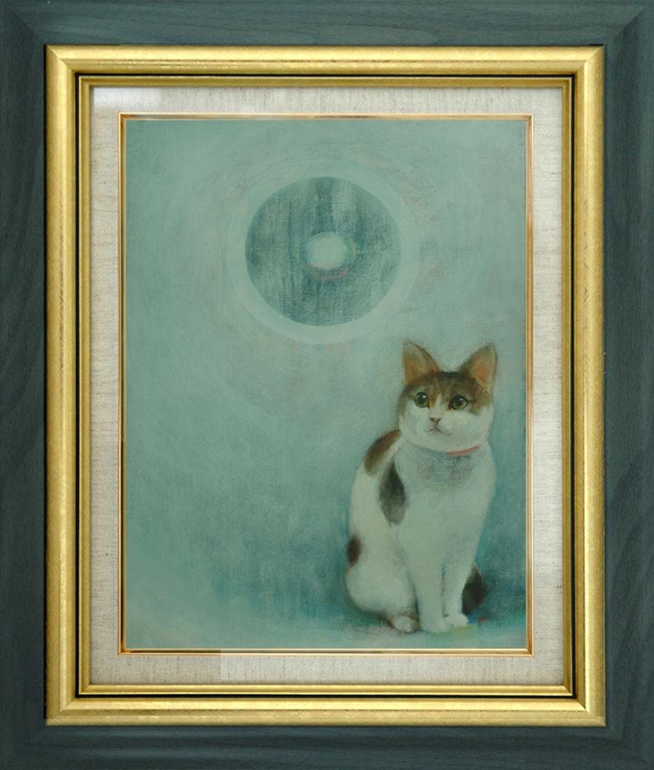 油絵 菅家令子 絵 絵画インテリア額付(青緑＋金色の枠)F4-091418 子猫