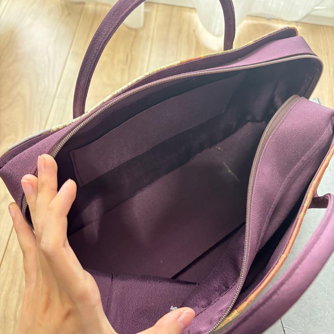 美品　利休バッグ　着物　訪問着　帯地　正絹　和装用バック　紫　　金　紫紺