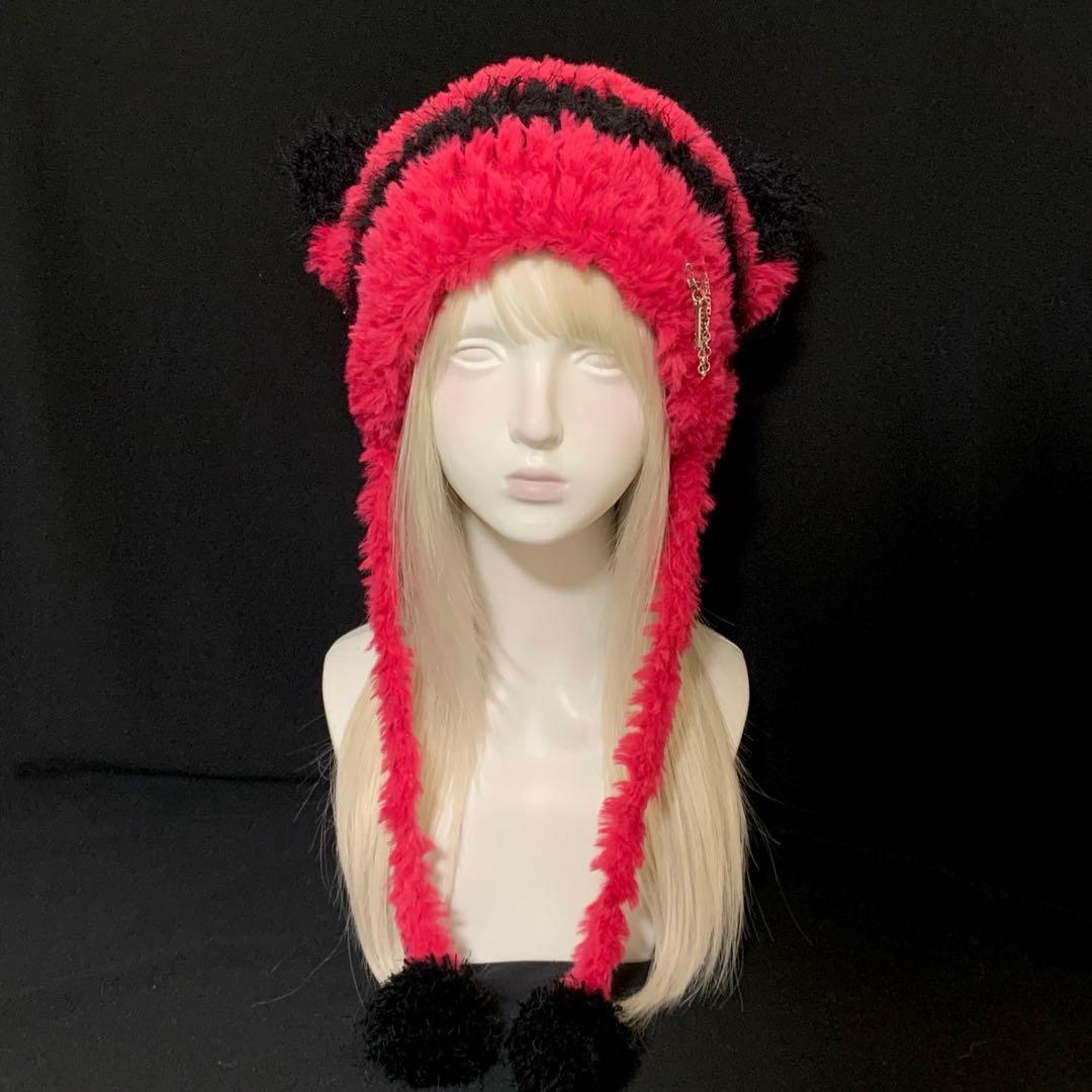 【ry;】猫耳ニット帽 ショッキングピンク ハンドメイド 編み物
