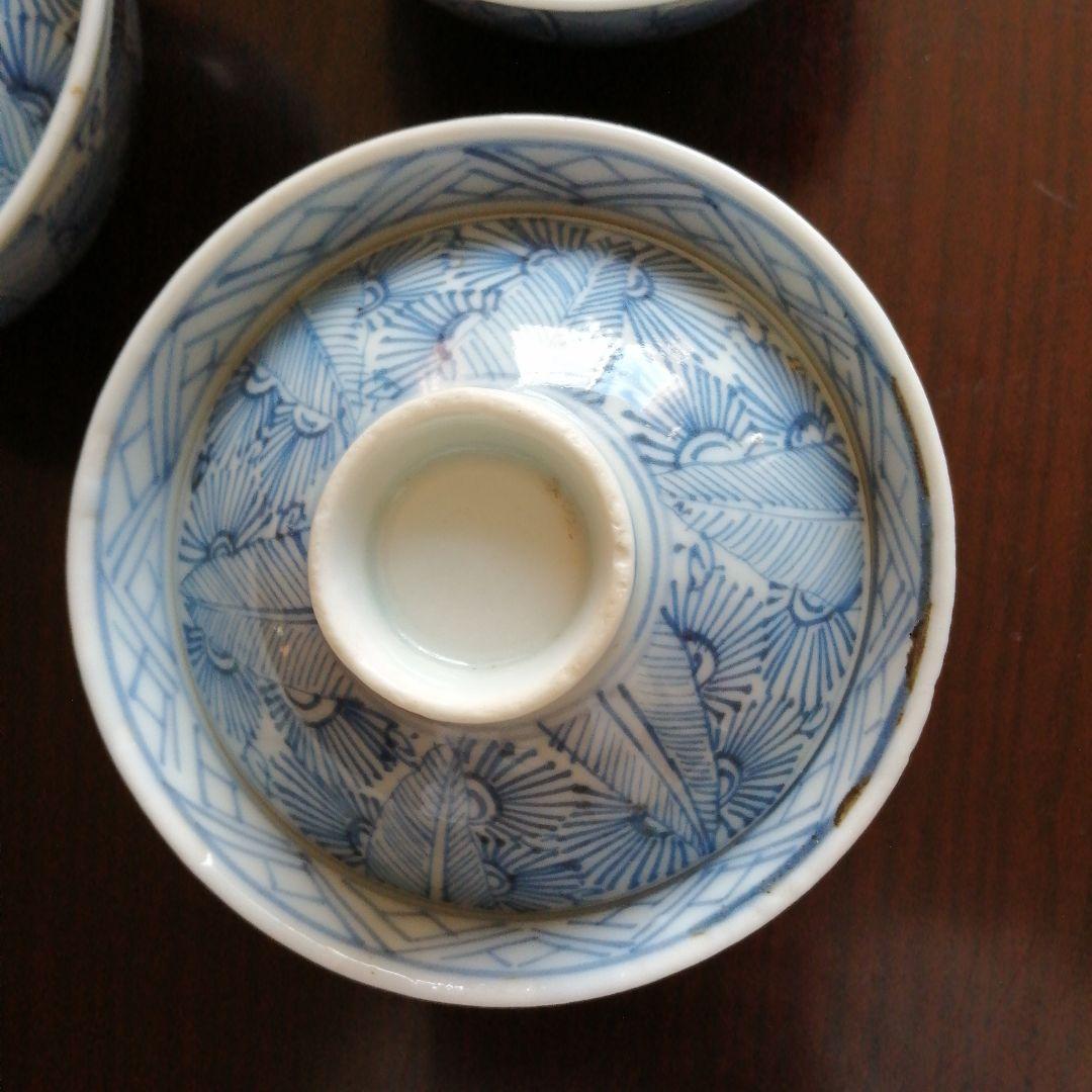 古伊万里　染付線描蓋茶碗　8客　10.5cm　江戸後期～幕末